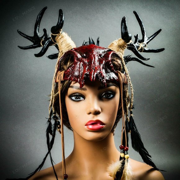Bloody Red Antelope Devil Deer Horn Skull Mask - Picture 3 of 10